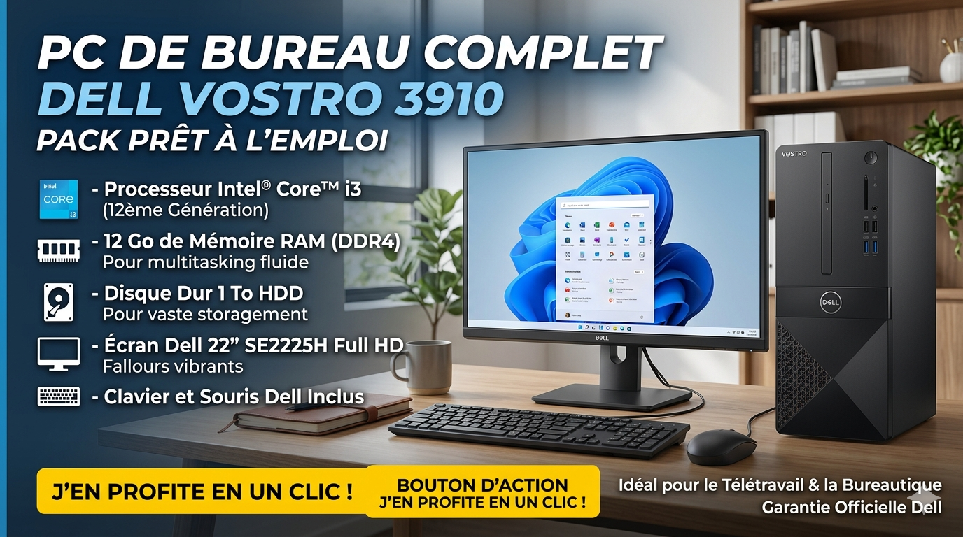 Pc De Bureau Complet Dell Vostro 3910 i3 12Gén 12Go 1To avec Ecran Dell 22" SE2225H Clavier et souris Dell