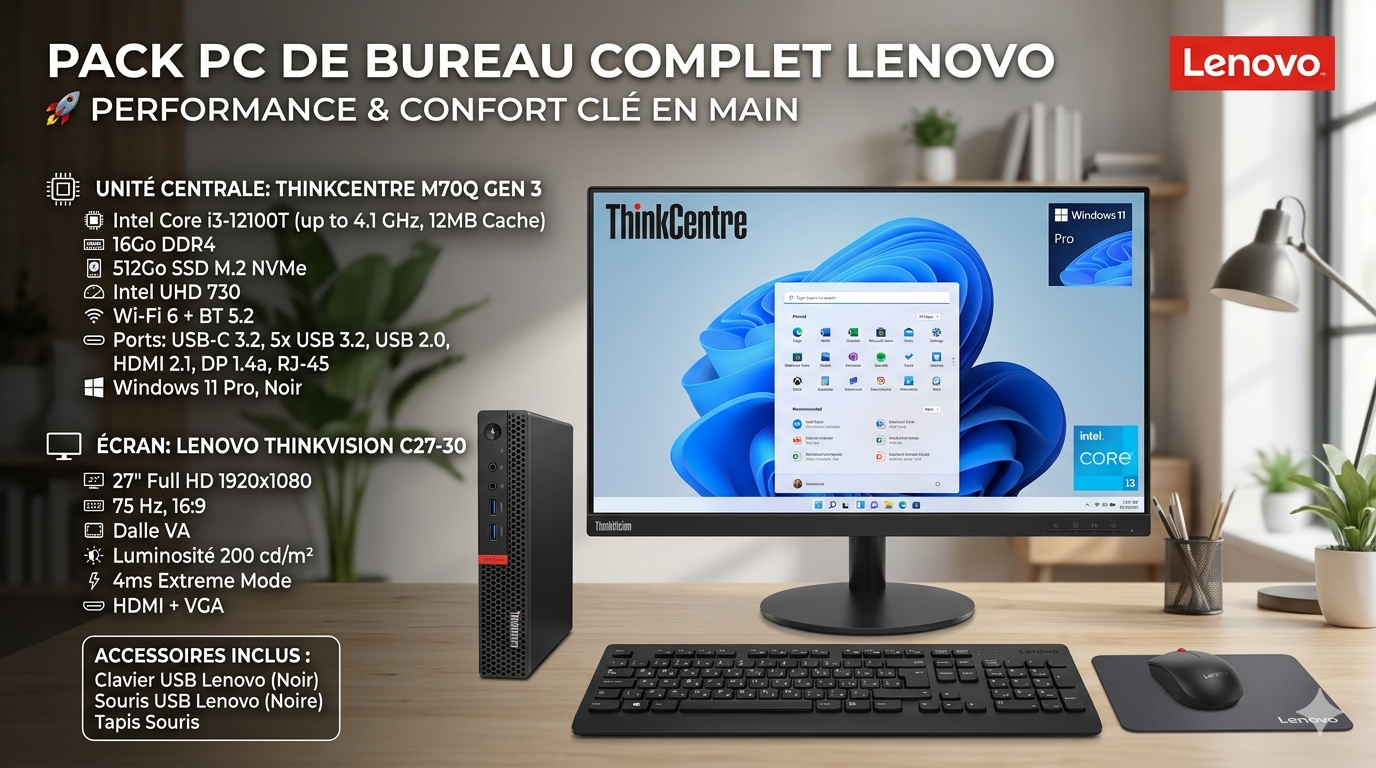 Pc de Bureau complet Lenovo ThinkCentre M70q Gen 3 / i3-12100T / 16 Go / 512 Go SSD / Ecran Lenovo ThinkVision C27-30 / 27" Full HD / 75 Hz – Image 7