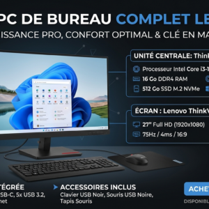 Pc de Bureau complet Lenovo ThinkCentre M70q Gen 3 / i3-12100T / 16 Go / 512 Go SSD / Ecran Lenovo ThinkVision C27-30 / 27" Full HD / 75 Hz