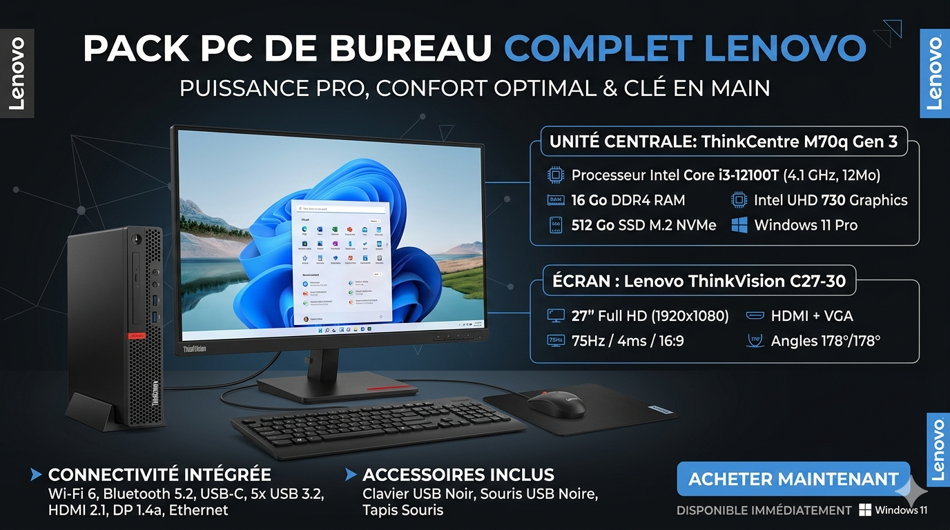 Pc de Bureau complet Lenovo ThinkCentre M70q Gen 3 / i3-12100T / 16 Go / 512 Go SSD / Ecran Lenovo ThinkVision C27-30 / 27" Full HD / 75 Hz